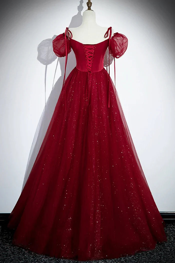 Burgundy  A-Line Satin Tulle Floor Length Prom Dress, Off Shoulder Formal Evening Dress ED01455