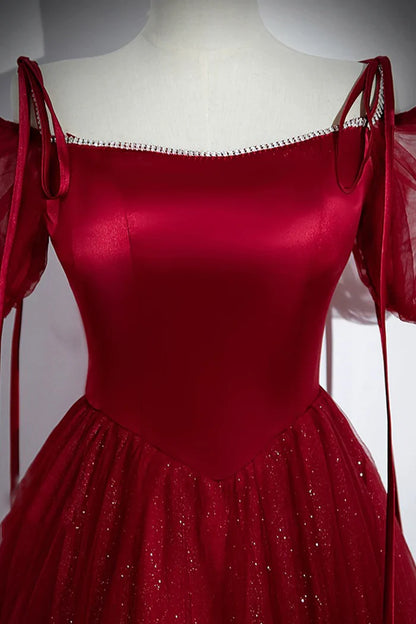 Burgundy  A-Line Satin Tulle Floor Length Prom Dress, Off Shoulder Formal Evening Dress ED01455