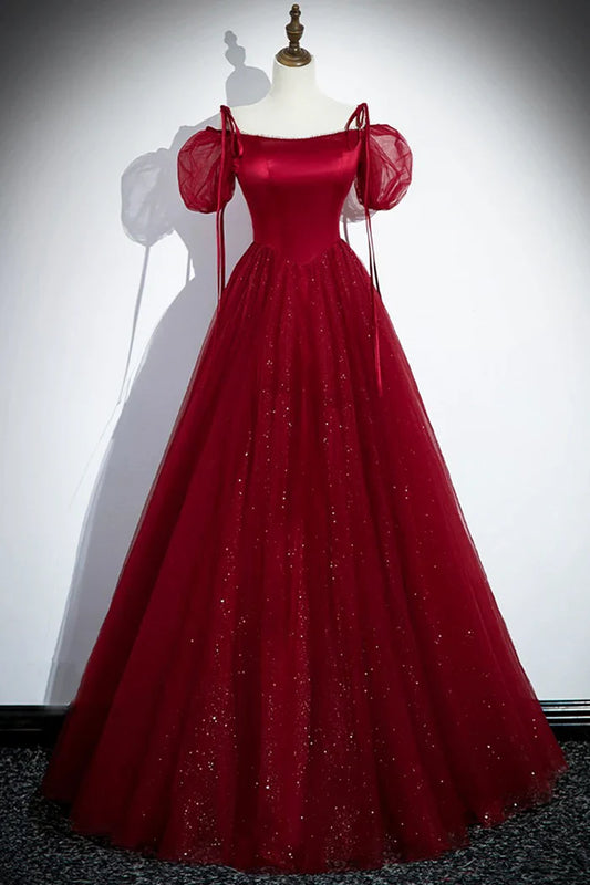 Burgundy  A-Line Satin Tulle Floor Length Prom Dress, Off Shoulder Formal Evening Dress ED01455