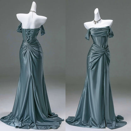 Elegant Pleated Satin Formal Mermaid Evening Dress,Fahsion Graudation Prom Dresses with Off-the-Shoulder ED01456