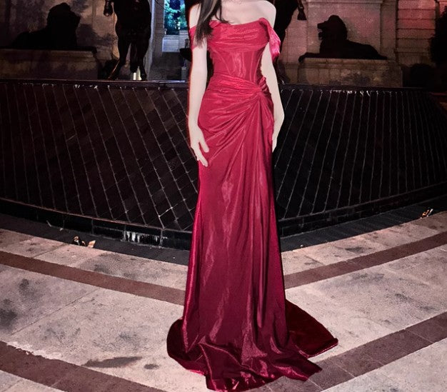 Elegant Pleated Satin Formal Mermaid Evening Dress,Fahsion Graudation Prom Dresses with Off-the-Shoulder ED01456