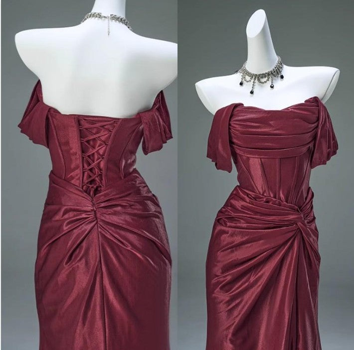 Elegant Pleated Satin Formal Mermaid Evening Dress,Fahsion Graudation Prom Dresses with Off-the-Shoulder ED01456