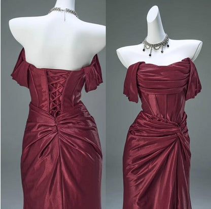 Elegant Pleated Satin Formal Mermaid Evening Dress,Fahsion Graudation Prom Dresses with Off-the-Shoulder ED01456