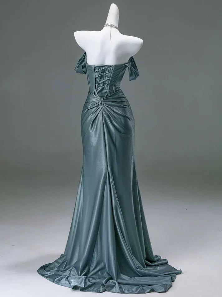 Elegant Mermaid Off-the-Shoulder Pleated Satin Long Evening Dress Graduation Prom Dress SH2558