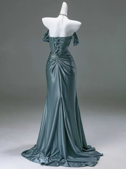 Elegant Mermaid Off-the-Shoulder Pleated Satin Long Evening Dress Graduation Prom Dress SH2558