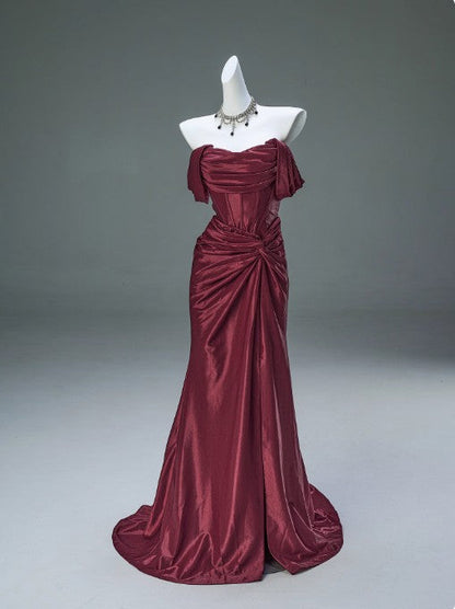 Pleated Satin Formal Mermaid Evening Dress,Fahsion Graudation Prom Dresses with Off-the-Shoulder HZ1024