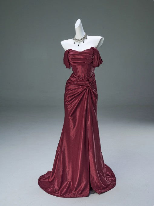 Elegant Pleated Satin Formal Mermaid Evening Dress,Fahsion Graudation Prom Dresses with Off-the-Shoulder ED01456