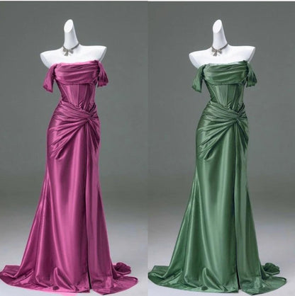 Pleated Satin Formal Mermaid Evening Dress,Fahsion Graudation Prom Dresses with Off-the-Shoulder HZ1024
