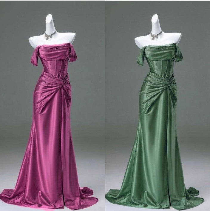 Elegant Pleated Satin Formal Mermaid Evening Dress,Fahsion Graudation Prom Dresses with Off-the-Shoulder ED01456