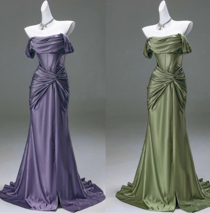 Elegant Pleated Satin Formal Mermaid Evening Dress,Fahsion Graudation Prom Dresses with Off-the-Shoulder ED01456