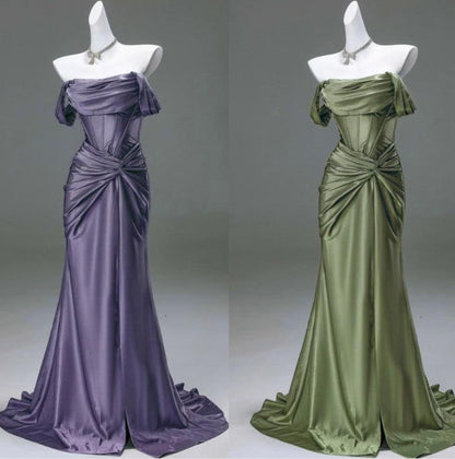 Elegant Pleated Satin Formal Mermaid Evening Dress,Fahsion Graudation Prom Dresses with Off-the-Shoulder ED01456