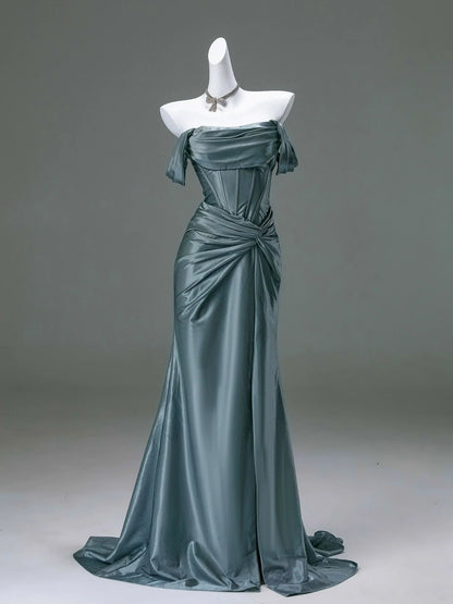Elegant Pleated Satin Formal Mermaid Evening Dress,Fahsion Graudation Prom Dresses with Off-the-Shoulder ED01456