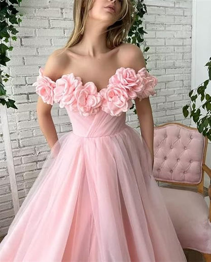 Floral A-Line Tulle Off The Shoulder Long Evening Prom Dress With Slit ED01457