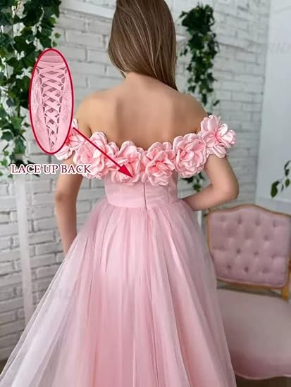 Floral A-Line Tulle Off The Shoulder Long Evening Prom Dress With Slit ED01457