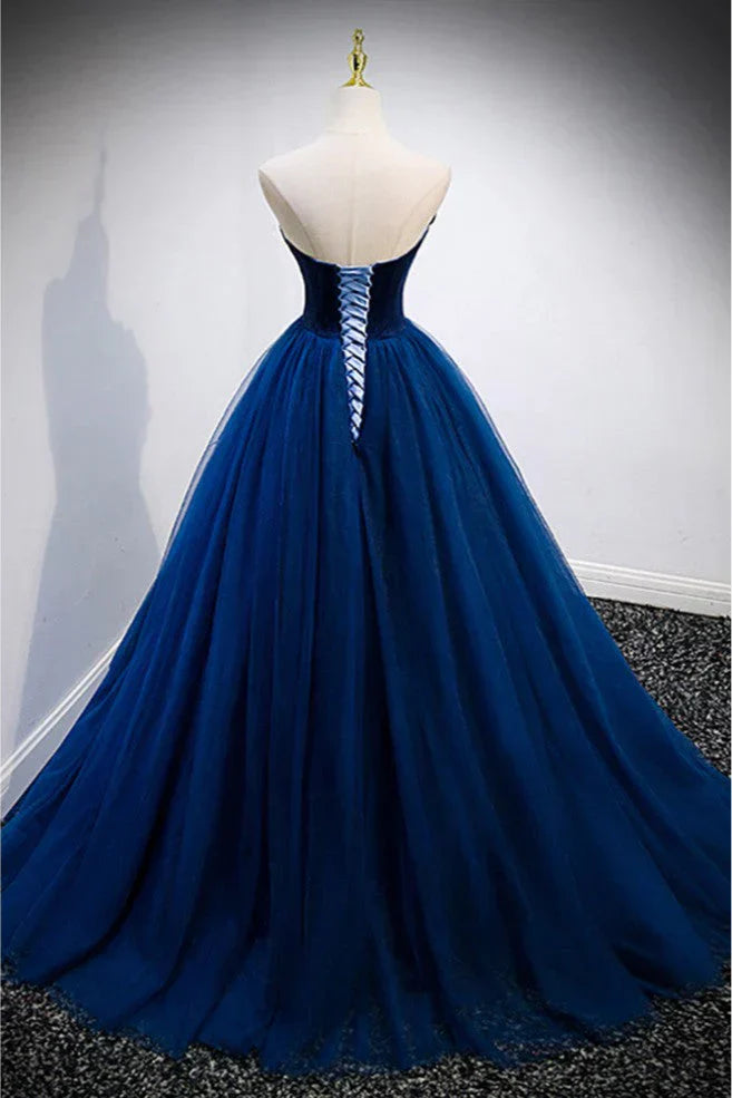 A-line Strapless Blue Velvet And Tulle Long Prom Dress HZ1024