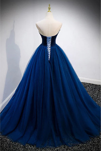 Elegant A-line Strapless Blue Velvet And Tulle Long Prom Dress  ED01460