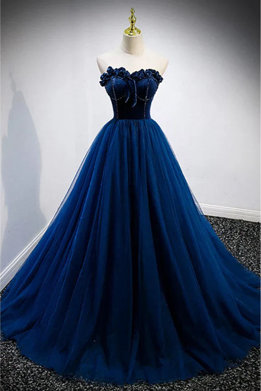 A-line Strapless Blue Velvet And Tulle Long Prom Dress HZ1024