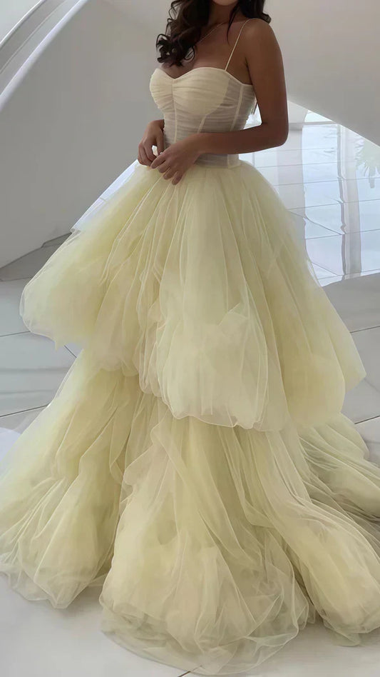 Yellow A-Line Tulle Prom Dress, Spaghetti Straps Evening Dress HZ1024