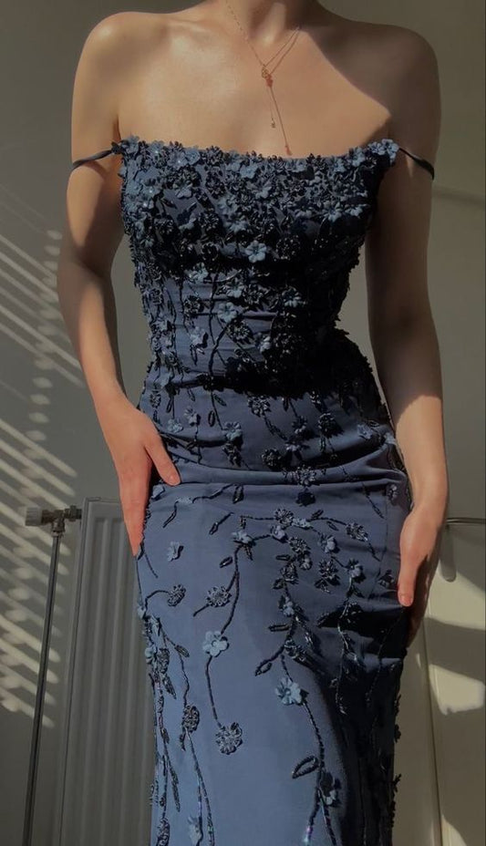 Bodycon Spaghetti Straps 3D Applique Long Prom Dress HZ1024