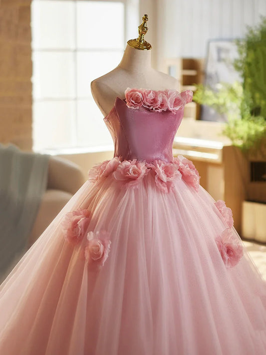 Pink A-Line Strapless Velvet Tulle Long Prom Dress,  Sweet 16 Princess Dress ED01463