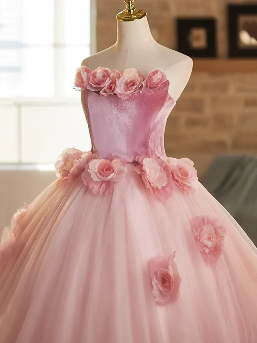 A-Line Strapless Velvet Tulle Long Prom Dress, Sweet 16 Princess Dress HZ1024