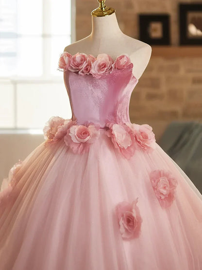 A-Line Strapless Velvet Tulle Long Prom Dress, Sweet 16 Princess Dress HZ1024