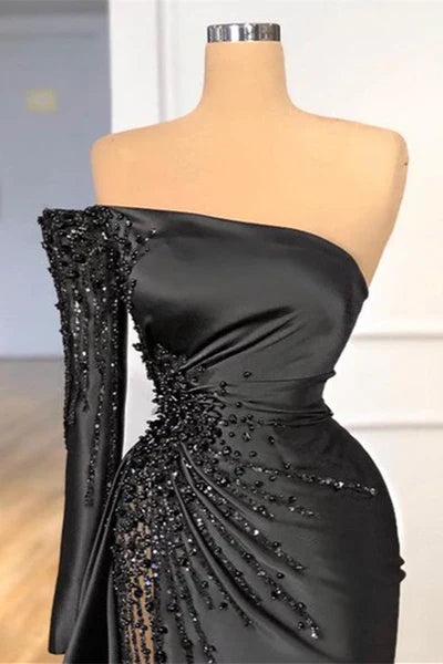 Mermaid One Shoulder Satin Long Prom Dress Beadings Evening Dress HZ1024