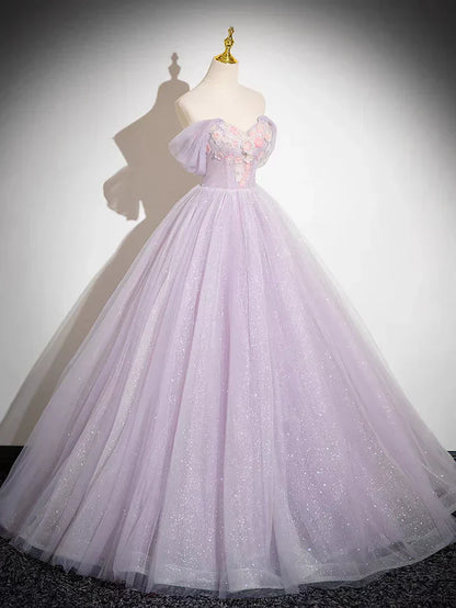A-Line Tulle Prom Dress Off the Shoulder Floral Appliques Long Prom Dress HZ1024