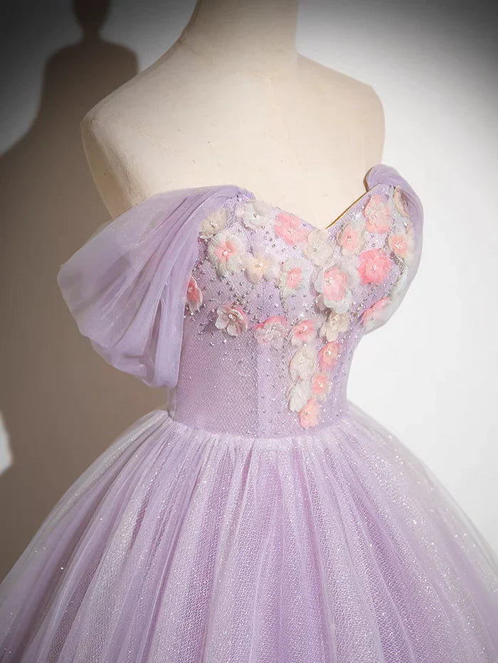 Sparkly A-Line Tulle Prom Dress Off the Shoulder Floral Appliques Long Prom Dress ED01468