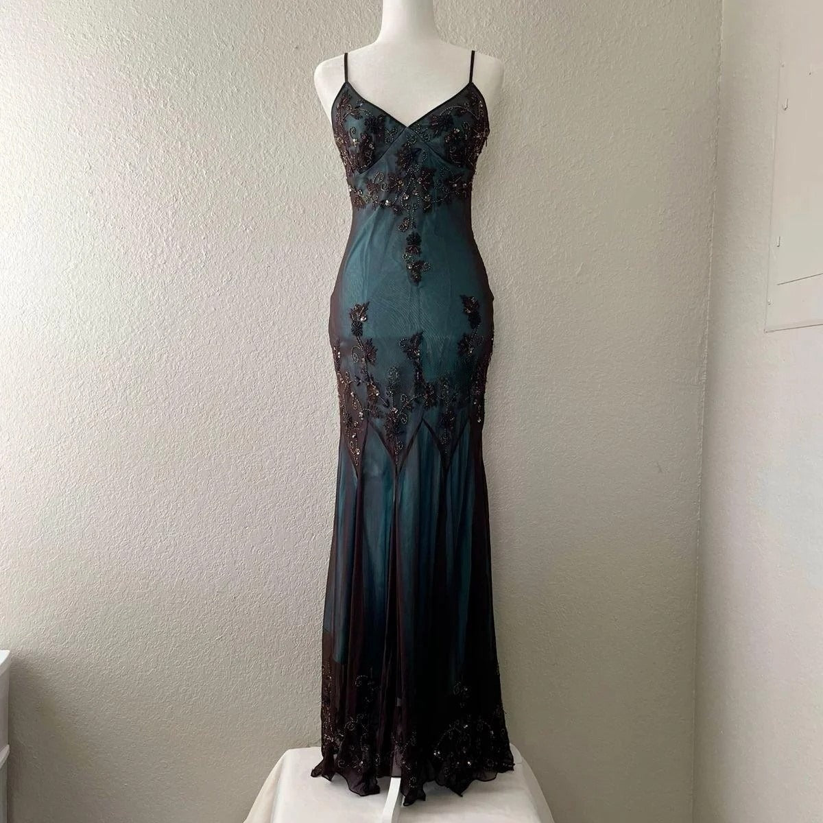 vintage-Inspired Evening Dresses _©µ Blue Satin Spaghetti Straps Coffee Chiffon Long Prom Dresses with Beading ED01469