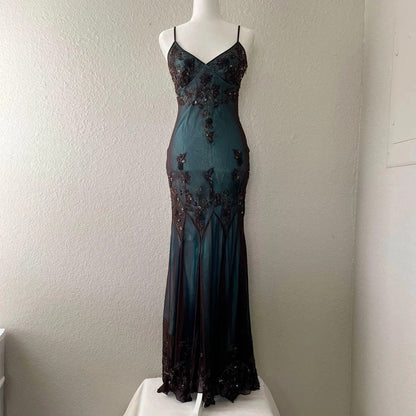 vintage-Inspired Evening Dresses _©µ Blue Satin Spaghetti Straps Coffee Chiffon Long Prom Dresses with Beading ED01469