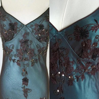 Evening Dresses ?? Blue Satin Spaghetti Straps Coffee Chiffon Long Prom Dresses with Beading HZ1024
