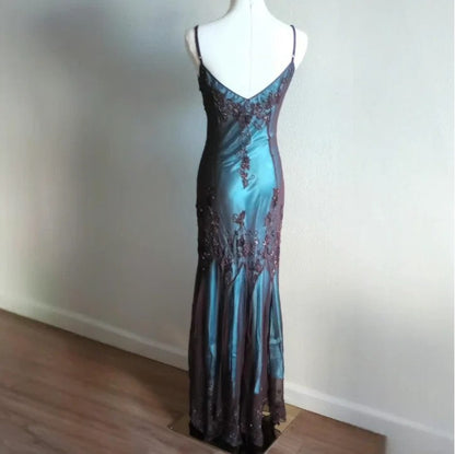 vintage-Inspired Evening Dresses _©µ Blue Satin Spaghetti Straps Coffee Chiffon Long Prom Dresses with Beading ED01469