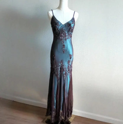 Evening Dresses ?? Blue Satin Spaghetti Straps Coffee Chiffon Long Prom Dresses with Beading HZ1024