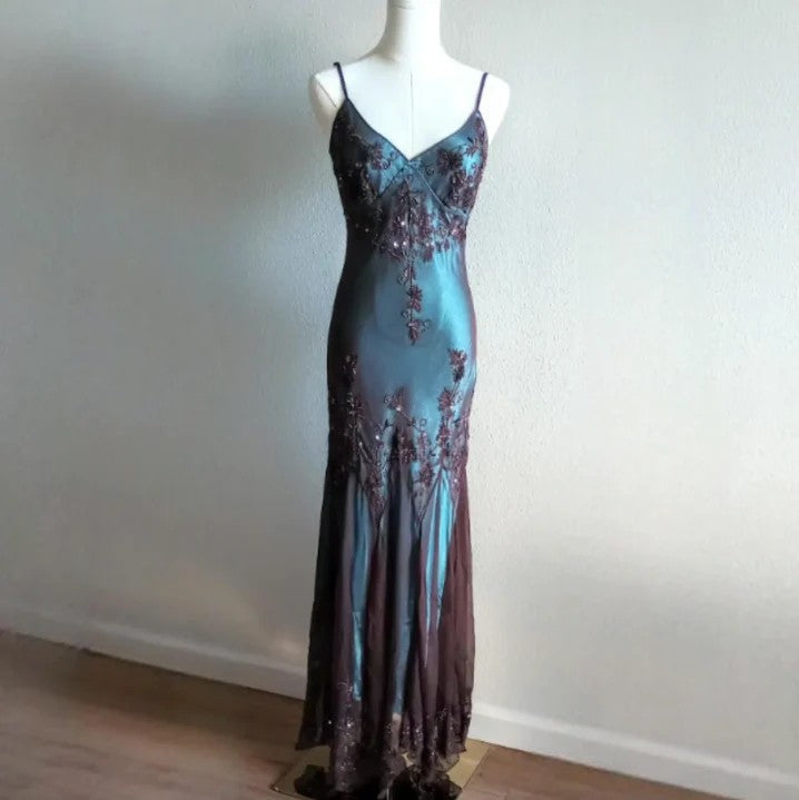 vintage-Inspired Evening Dresses _©µ Blue Satin Spaghetti Straps Coffee Chiffon Long Prom Dresses with Beading ED01469