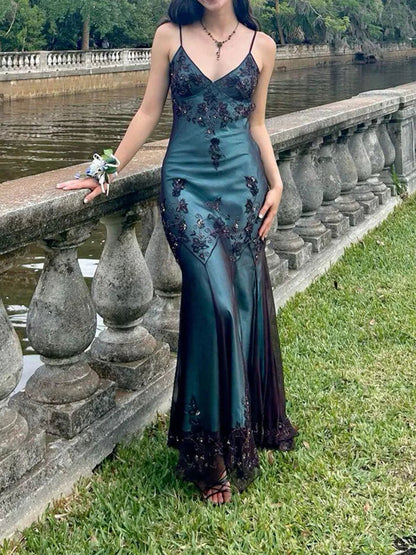 vintage-Inspired Evening Dresses _©µ Blue Satin Spaghetti Straps Coffee Chiffon Long Prom Dresses with Beading ED01469
