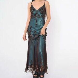 vintage-Inspired Evening Dresses _©µ Blue Satin Spaghetti Straps Coffee Chiffon Long Prom Dresses with Beading ED01469