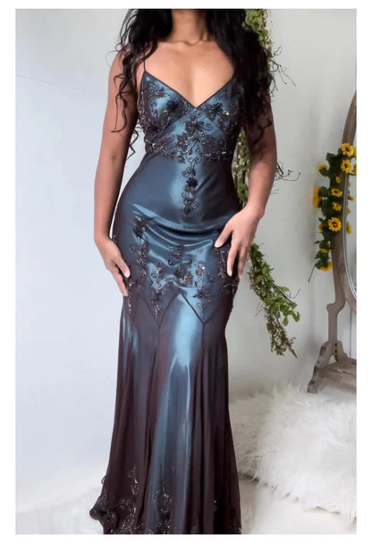 vintage-Inspired Evening Dresses _©µ Blue Satin Spaghetti Straps Coffee Chiffon Long Prom Dresses with Beading ED01469