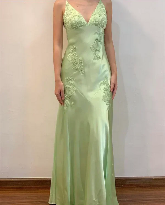 Chic A-Line Evening Dress Satin Spaghetti Straps Green Vintage  Backless Long Prom Dresses  ED01470