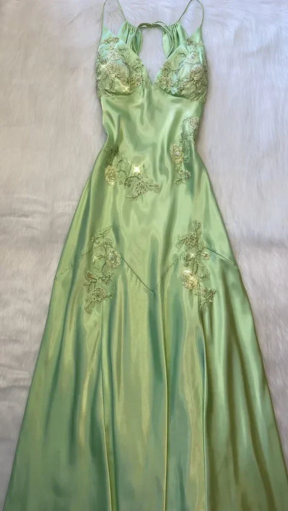 A-Line Evening Dress Satin Spaghetti Straps Green Vintage Backless Long Prom Dresses HZ1024