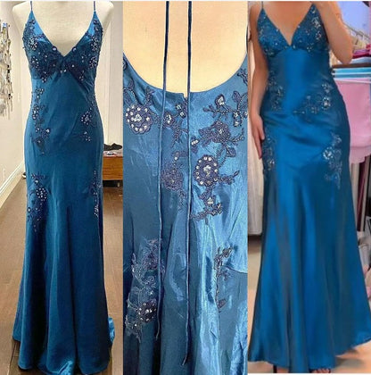 Chic A-Line Evening Dress Satin Spaghetti Straps Green Vintage  Backless Long Prom Dresses  ED01470