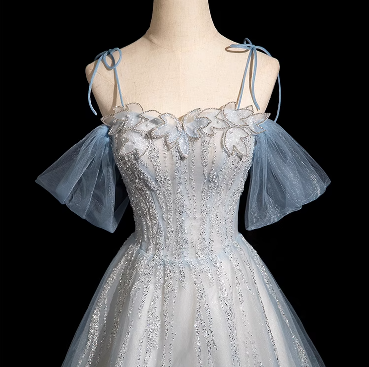 Spaghetti Straps Tulle Sequins Long Prom Dress, Sweet Beaded Evening Dress HZ1024