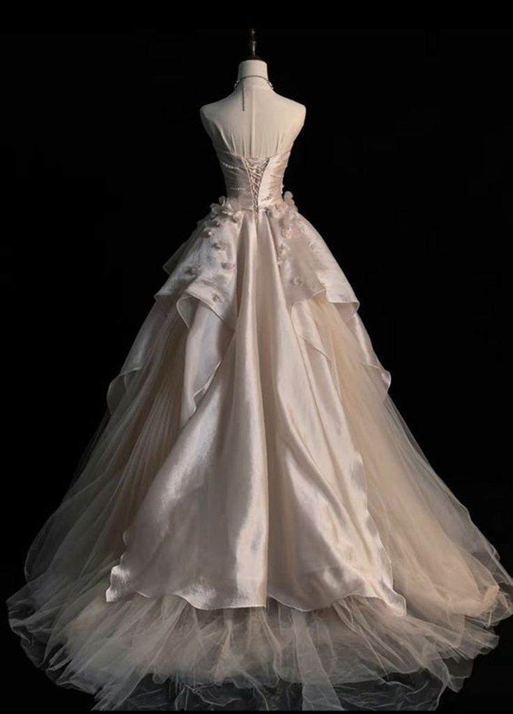 Sweet Pink A-line Tulle Satin  Long Prom Dresses Strapless Applique Wedding Dresses ED01476