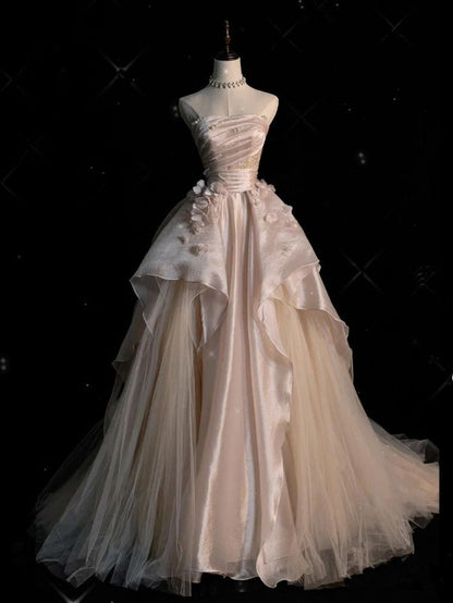 Sweet Pink A-line Tulle Satin  Long Prom Dresses Strapless Applique Wedding Dresses ED01476