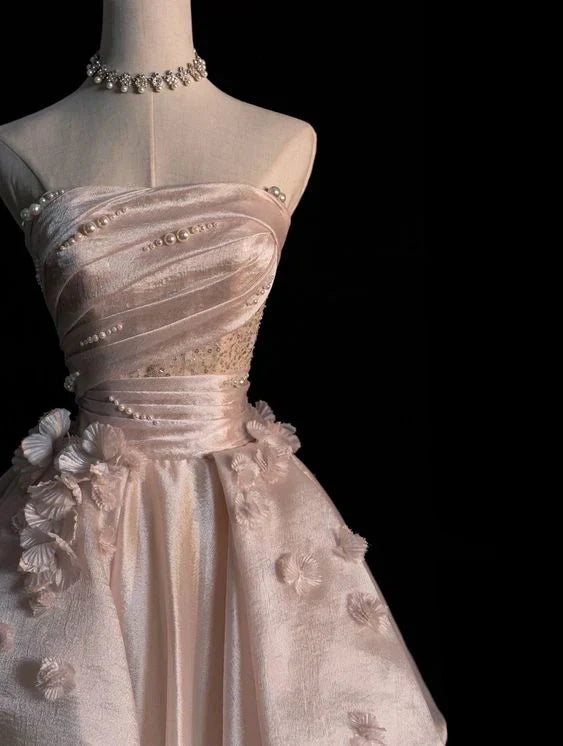 Pink A-line Tulle Satin Long Prom Dresses Strapless Applique Wedding Dresses HZ1024