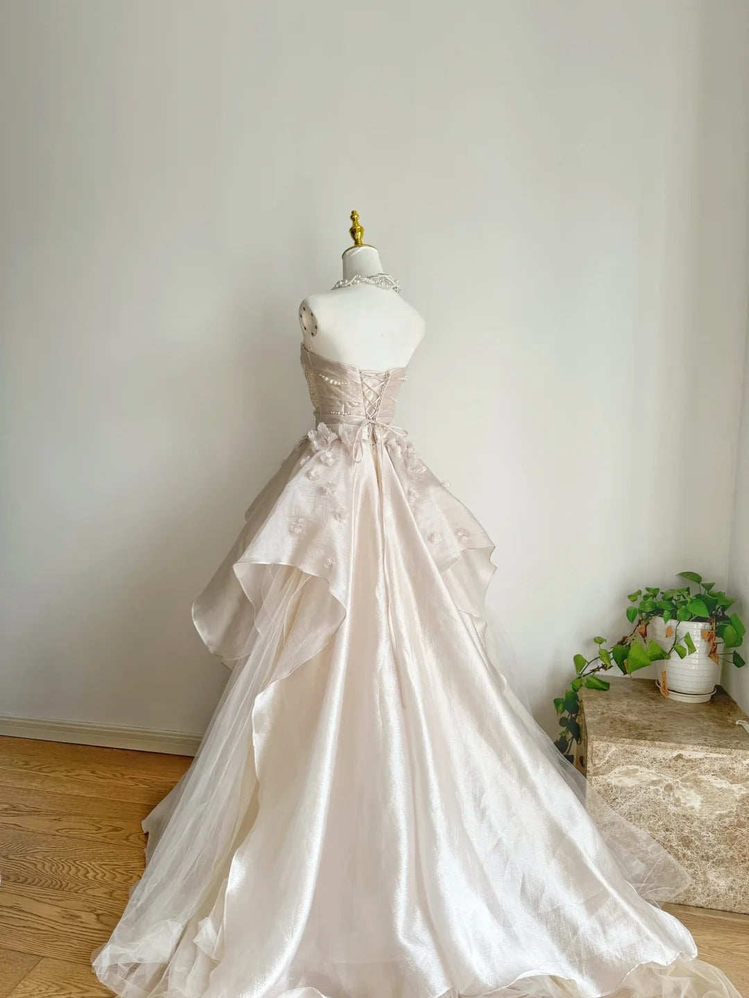 Sweet Pink A-line Tulle Satin  Long Prom Dresses Strapless Applique Wedding Dresses ED01476