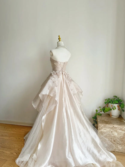 Sweet Pink A-line Tulle Satin  Long Prom Dresses Strapless Applique Wedding Dresses ED01476