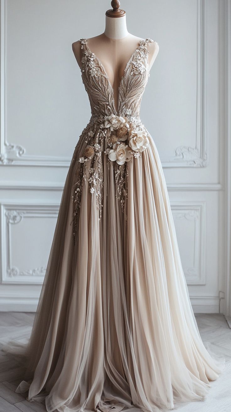 Deep V Neck Tulle Applique Long Evening Gown Bridesmaid Dress HZ1024