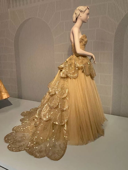 A-line Strapless Tulle Sequined Long Ball Gown HZ1024
