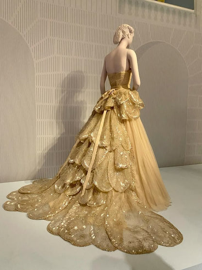 Gold A-line Strapless Tulle Sequined Long Ball Gown ED01479
